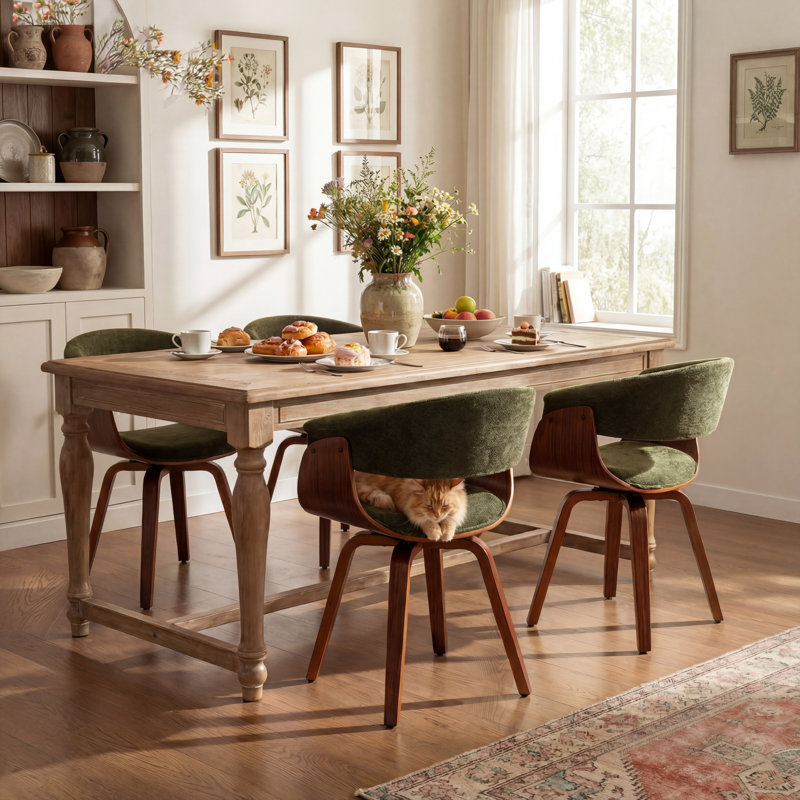 Modern Upholstered Dining Chairs, Green Fabric With Wooden Legs, Soft Padded Seat And Back, Scandinavian Kitchen And Dining Room Side Chairs​​