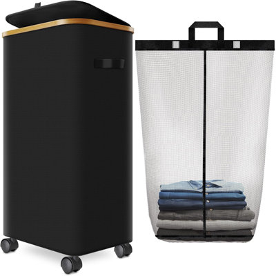 Laundry Hamper With Wheels,29 Gal (110L) Laundry Basket With Lid Rolling Clothes Hamper Foldable Dirty Clothes Basket On Wheels With Bamboo Frame And Bag For Bedroom, Dorm, Laundry Room