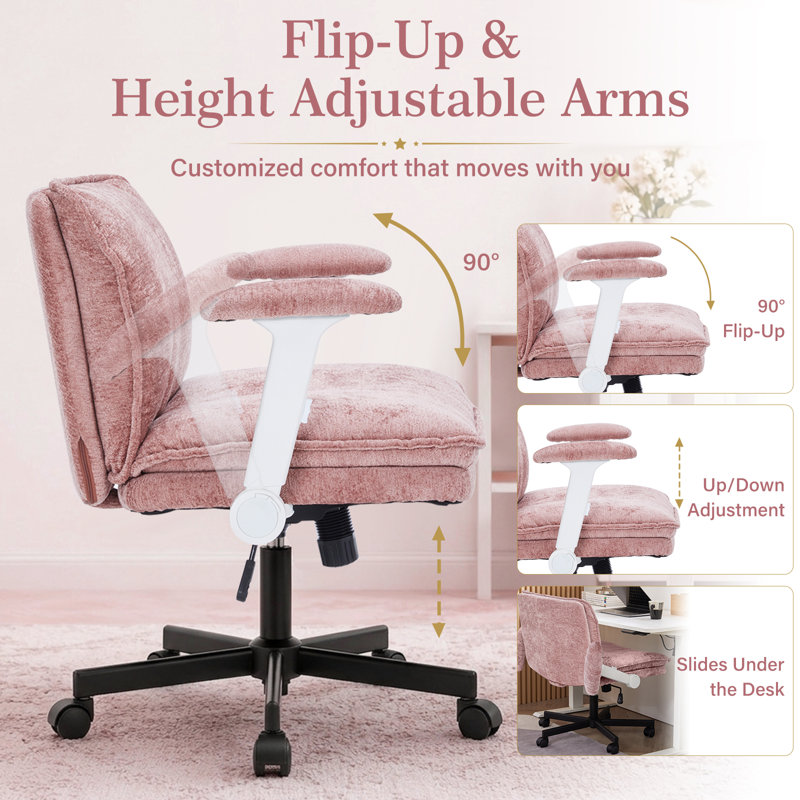 26" Wide Chenille  Criss Cross Office Chair with Wheels, Cross-Legged Desk Chair with Flip-Up Height Adjustable Arms, Lumbar Support, Swivel Vanity Chair for Home Office, Bedroom, Study, 350 lbs