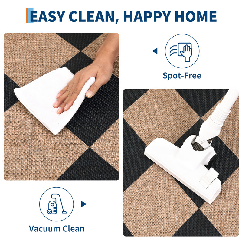 Washable Easy Jute Rug Modern Checkered Rug with Non Slip TPR Rubber Backing, Durable & UV Resistant Indoor Outdoor Carpet, Low Pile Non Shedding Printed Mat for Living Room Bedroom