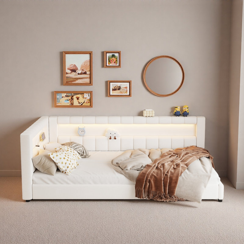 Upholstered Daybed With Usb Ports And Led Light Strips, Cream White, Twin Extra-Long