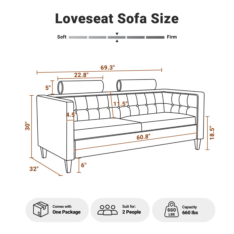 Haahris 69'' W Tuxedo Arm Upholstery Velvet Loveseat Sofa, Ginger Velvet