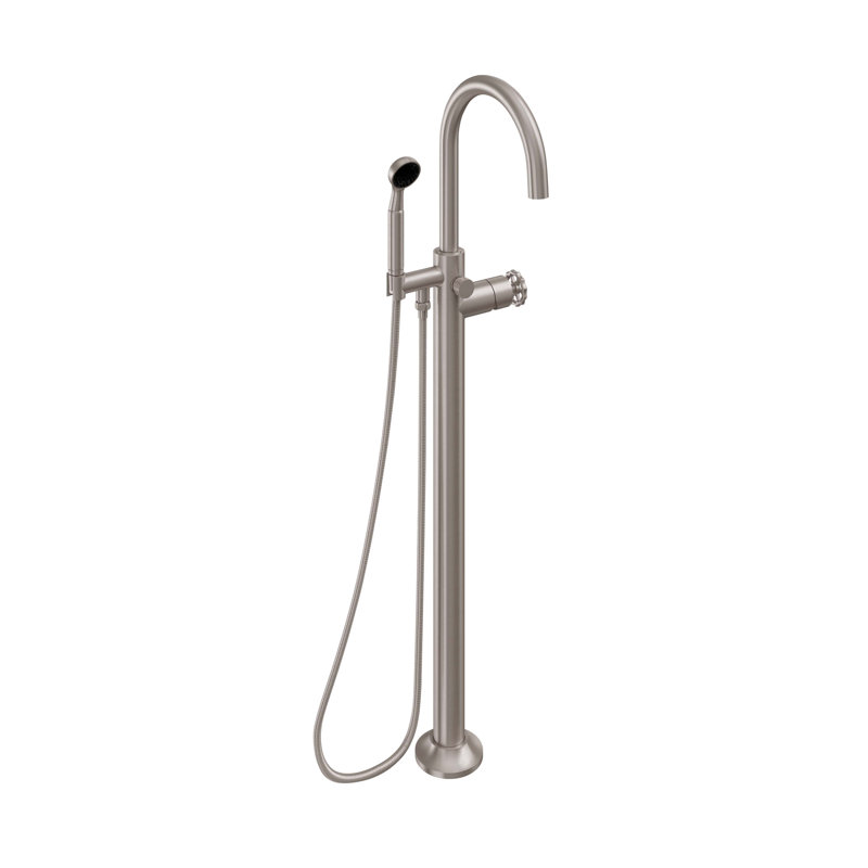 Descanso Bath Floor Mounted Tub Filler with Diverter and Handshower, Satin Nickel/Silver, Cross Handle