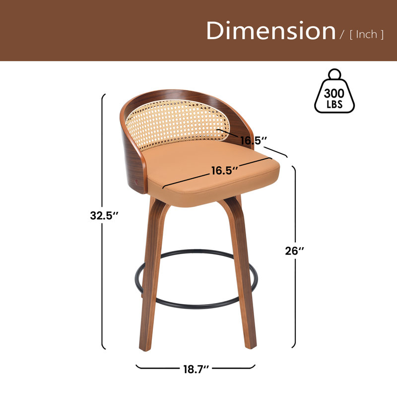 Ensemble de 2 tabourets de bar pivotants, structure en bois moderne avec dossier en rotin, tabouret en cuir de polyuréthane pour comptoir de cuisine, tabourets de bar rembourrés de style Mid-Century avec repose-pieds, tabourets de comptoir industriels