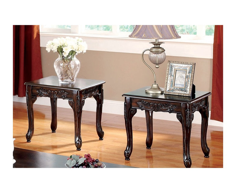 Table basse 3 pièces avec pieds en cabriole de style cerisier foncé de style traditionnel et conception complexe 1 table basse 2 tables de bout