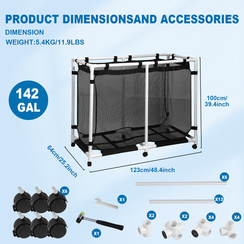 Extra Large Pool Storage Bin, 48.4" Rolling Mesh Container, Waterproof Pool Float & Toy Organizer, Outdoor Use, 568 qt