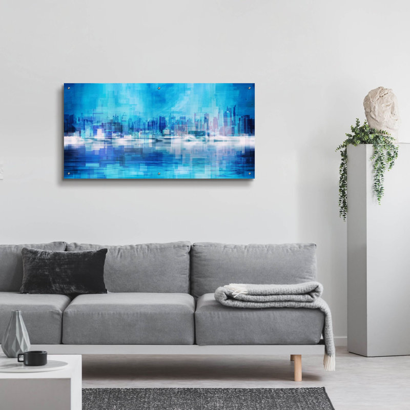 «Blue Abstract NYC Skyline» par Epic Portfolio, art mural en verre acrylique, H 24 po x l 48 po