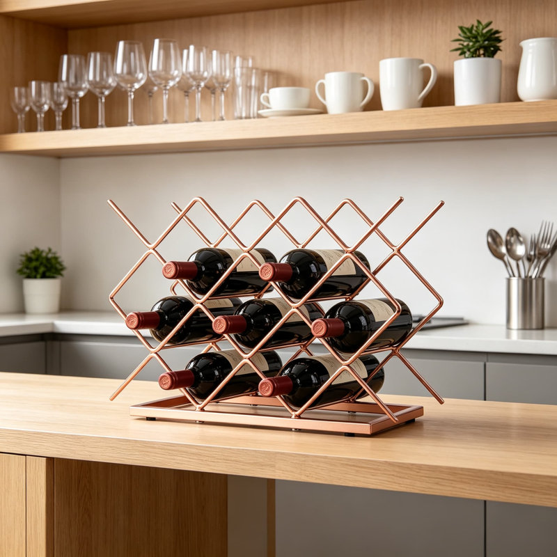 Support à vin de comptoir pour bouteilles standard, support à vin autoportant moderne en métal or rose, support à vin de table pour comptoir de cuisine, armoire, garde-manger et bar