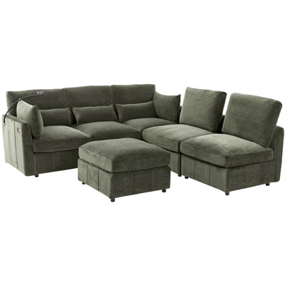 Contemporary 85.4" Modular Sectional Sofa Couch Sofa Bed with a Movable Ottoman and Two USB Ports and a Phone Holder