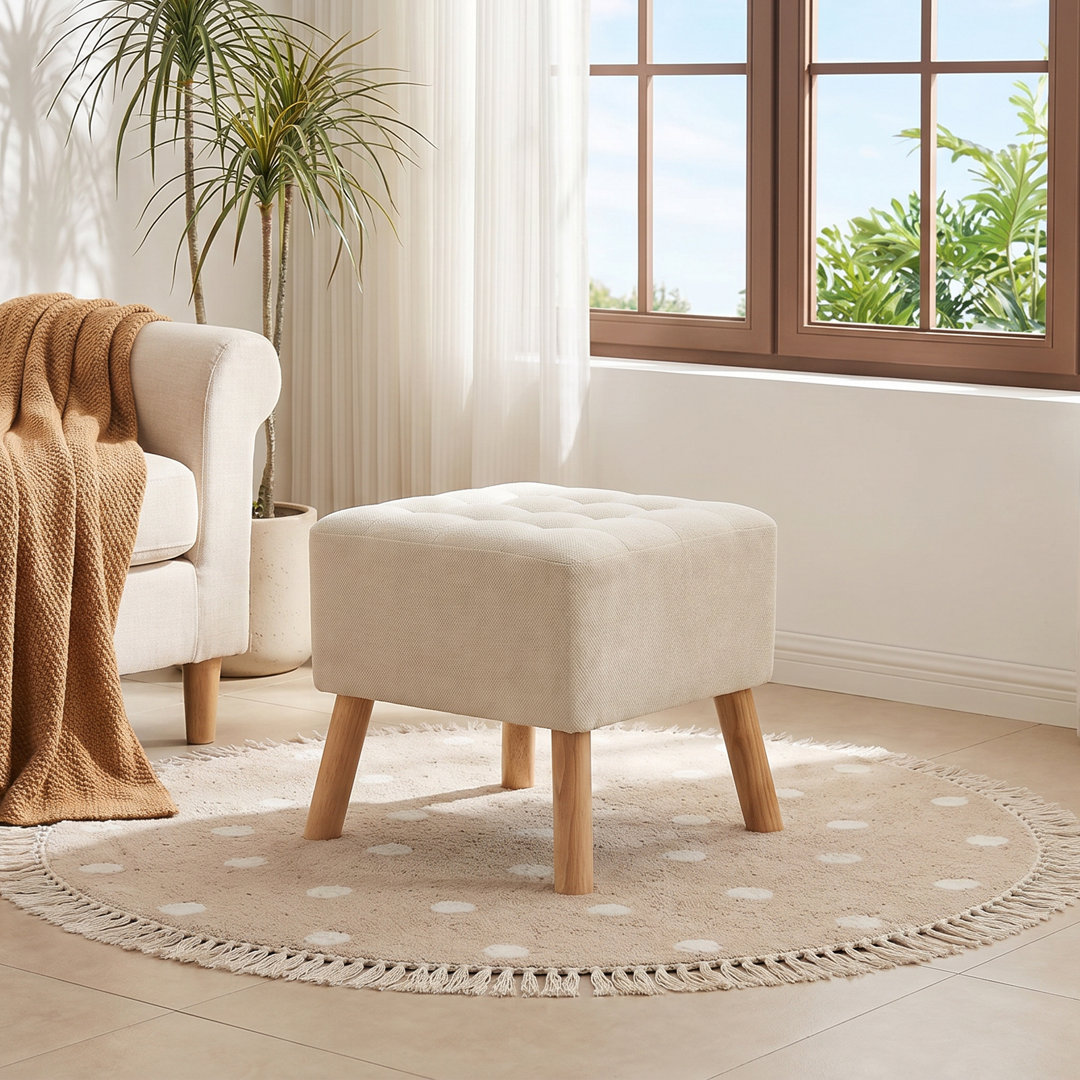 Chenille Upholstered Footstool with Wood Legs