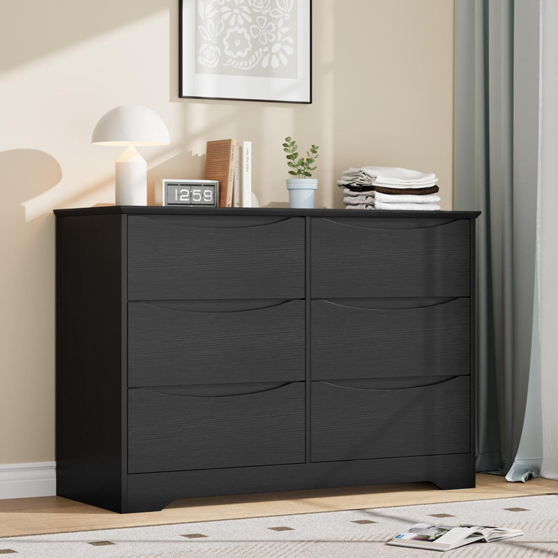 Commode haute 6 tiroirs en bois, commode de rangement moderne avec plateau large, noir, Noir