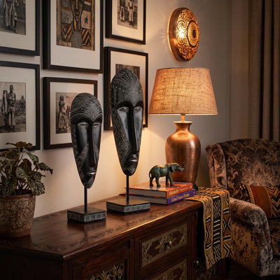 2-Piece Black Resin African Mask Sculpture Set, Tribal Geometric Tabletop Decor with Stand
