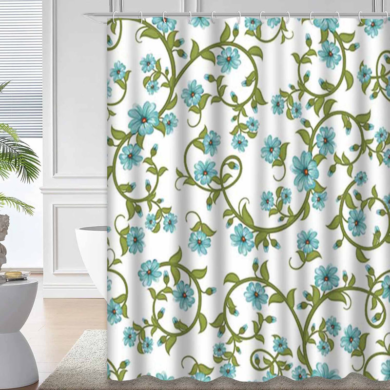 Rideau de douche sans couture à motif floral en tissu vert avec 12 crochets, L 72 po x l 84 po