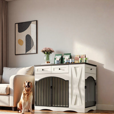 Farmhouse Dog Crate Furniture With 3 Drawers And Removable Feeder