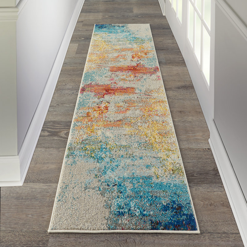 Tapis abstrait bleu / jaune Adrihana, Tapis de couloir 2 pi x 6 pi