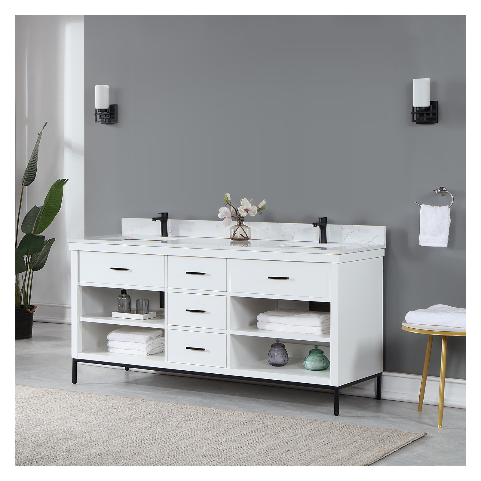 Adaire 72'' Double Bathroom Vanity, Matte Black, White