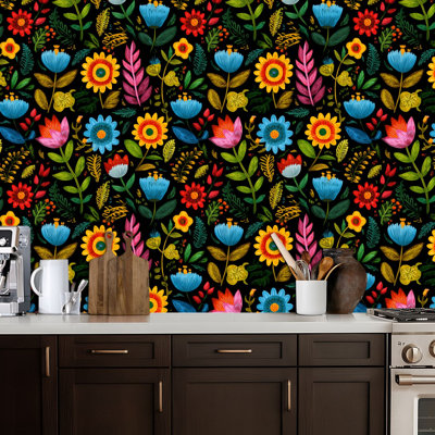 Peel and Stick Wallpaper Colorful Floral Folk Vibrant Botanical Flowers Leaves Contact Paper Removable Self Adhesive Wall Mural Wall Decor for Bedroom Kitchen Cabinets 24in x 118in
