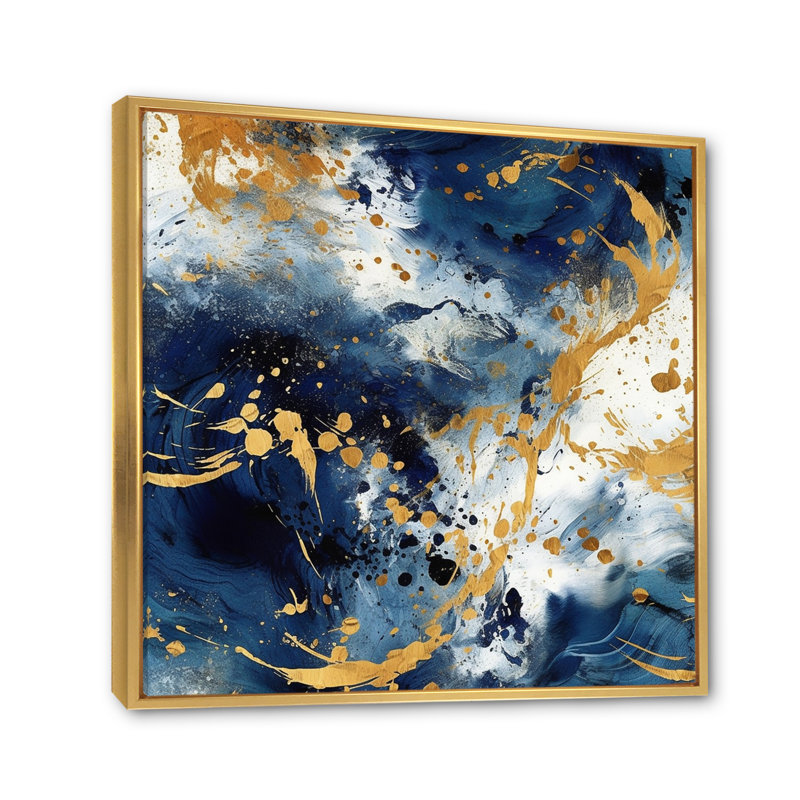 Bleu foncé et or abstrait X - Collages abstraits, impressions sur toile, Cadre flottant doré, H 36 po x l 36 po x P 1,5 po