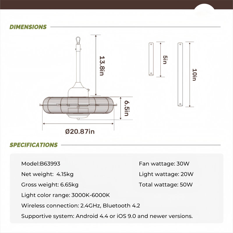 Christenia 21" Outdoor Gazebo Ceiling Fan with Lights, Wet Rated Hanging Fan for Patio with Remote/APP Control IP44