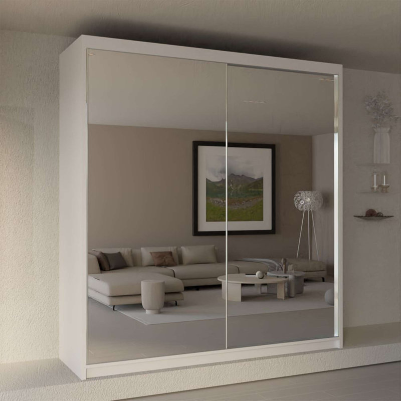 Chabier 2 Door Manufactured Wood Wardrobe, White, 217cm H x 150cm W x 62cm D