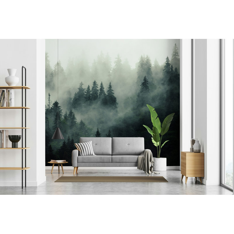 Papier peint paysage vert Misty Pine Forest, L 106 po x l 187 po
