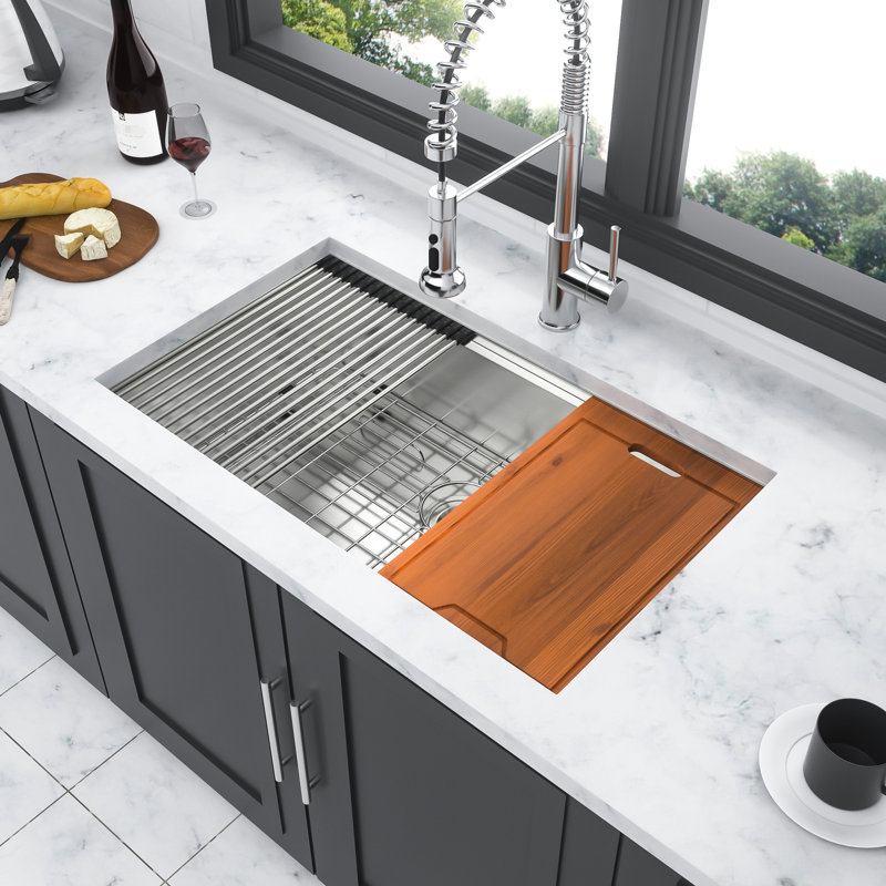 30"X19"X10" Inch Undermount Single Bowl Workstation Sink In Stainless Steel 16 Gauge, With Front And Back Ledges For Workspace, X-Shaped Water Guide Easy Cleaning, R10 Corners, Coating , Package With