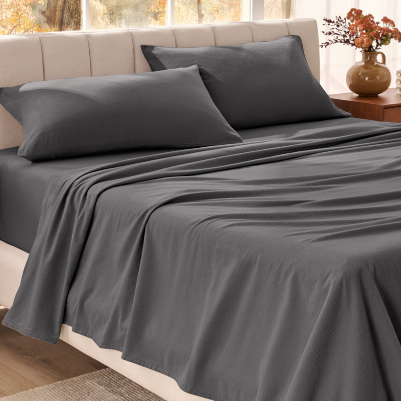 Organic 100% Cotton Flannel Sheet Set, Gray, Queen Sheet Set with 2 Pillowcases