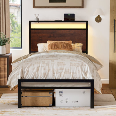 Antioch Bed Frame with LED Light and Charging Station, Metal Frame with Storage Headboard, Large Storage Space, No Box Spring Needed by 17 Stories