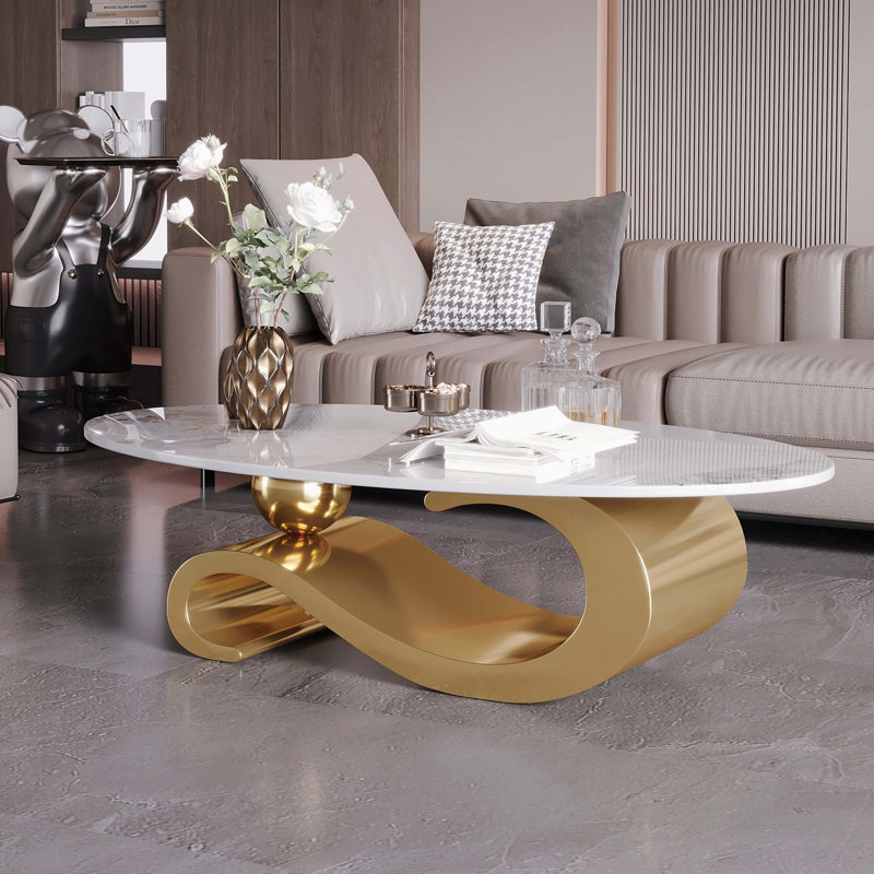 Table basse moderne avec plateau en faux marbre et base en acier inoxydable, Doré
