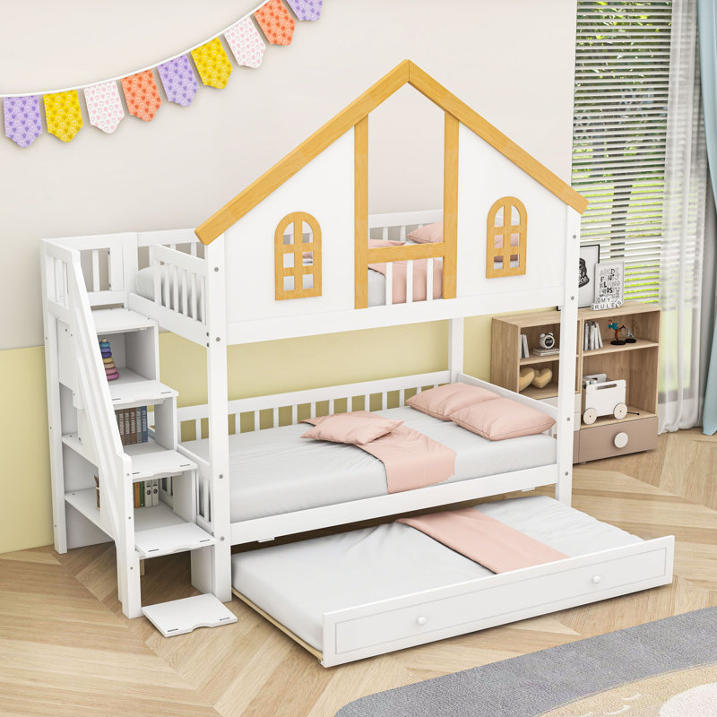 Wooden Bunk Bed with Window Door and Roof, Storage Staircase and Twin Trundle, Twin Over Twin