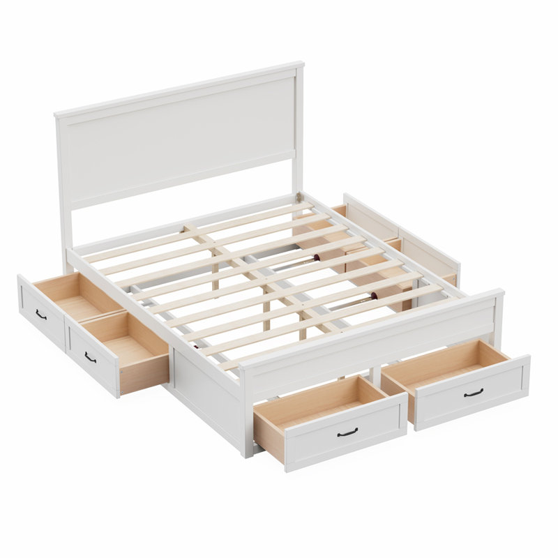 Structure de lit moderne avec 6 tiroirs, lit plateforme avec support à lattes en bois, aucun sommier nécessaire