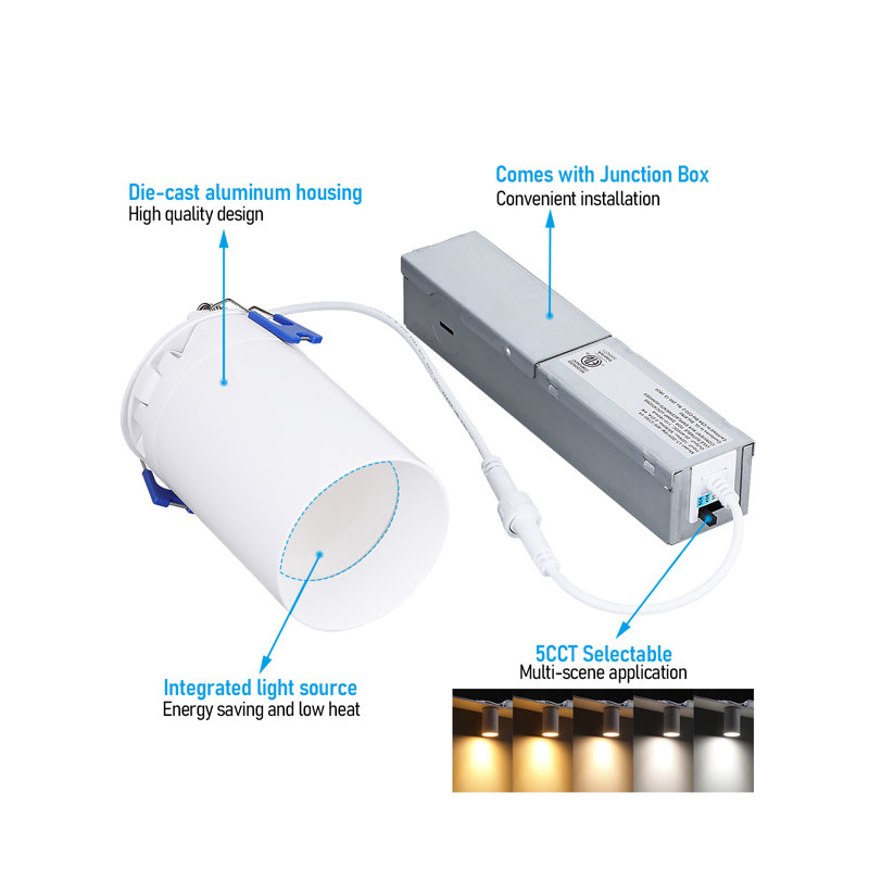 Luminaire encastré à DEL de 2 po avec boîte en J, projecteur à intensité variable de 5 W à intensité variable de 6 W, Cri90 +, aluminium