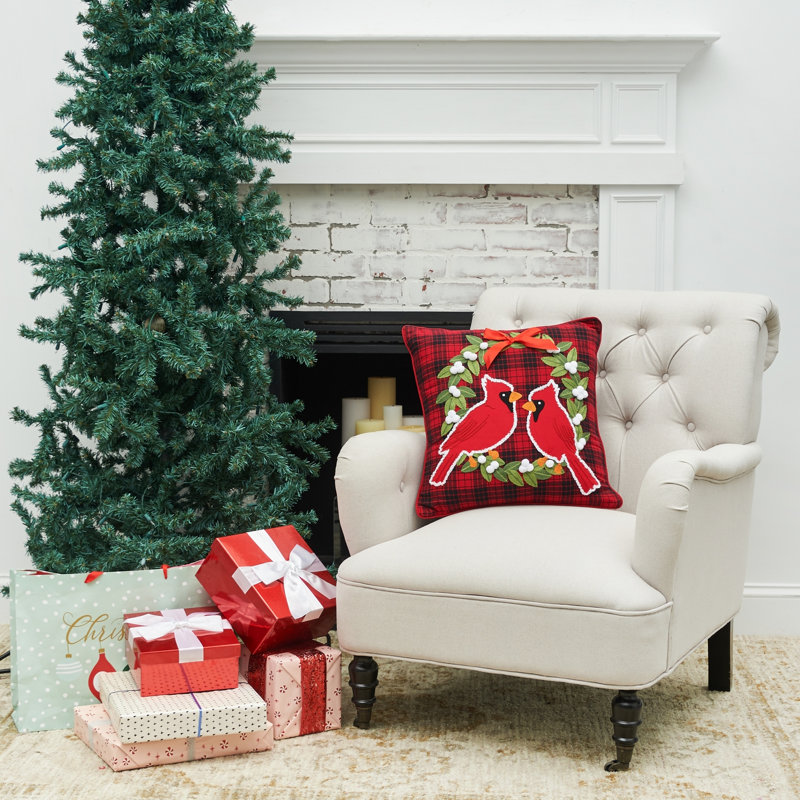 Cardinal Plaid Wreath Tufted Throw Pillow