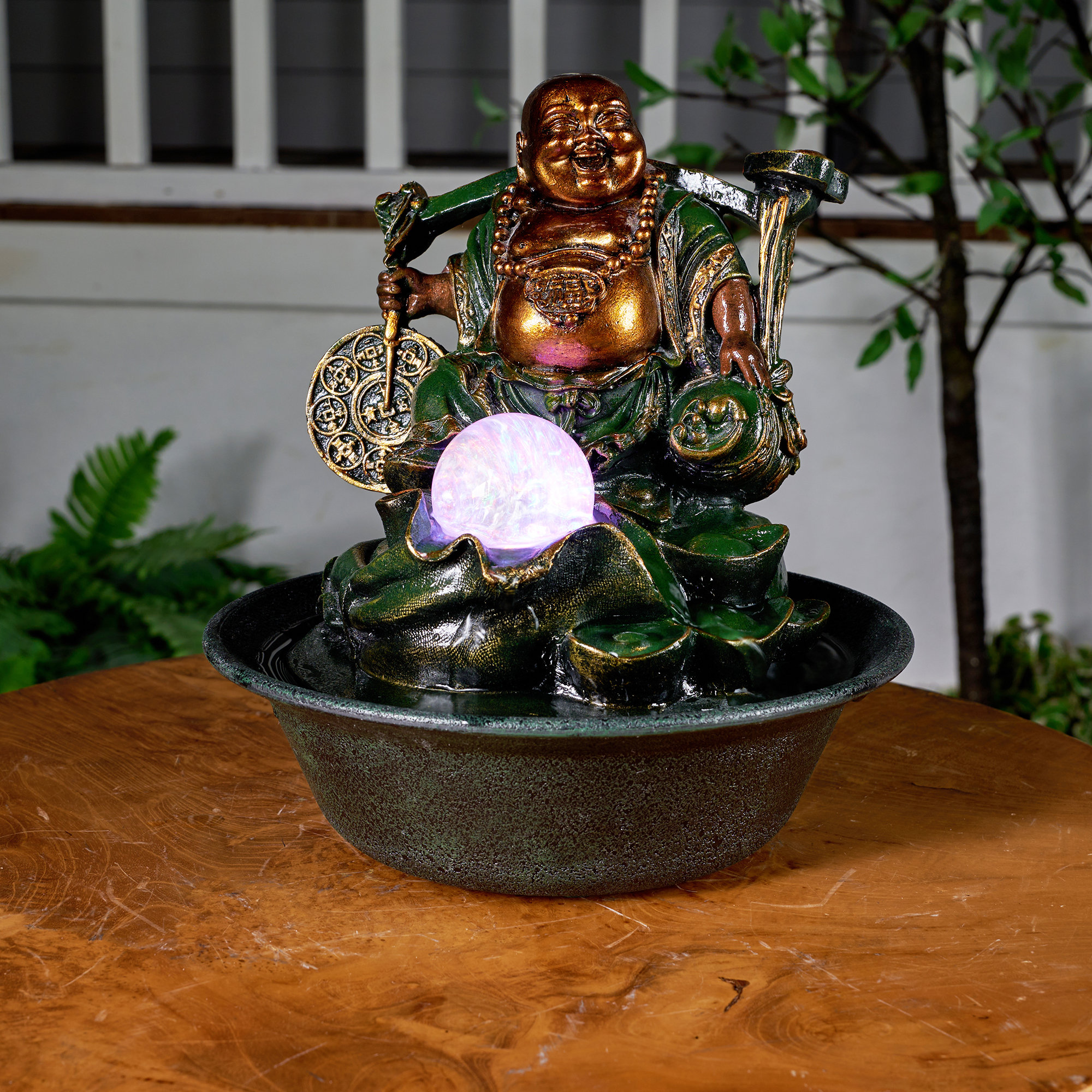 Hi-Line Gift Ltd. Resin Lucky Buddha Rotating Ball Fountain with Light ...