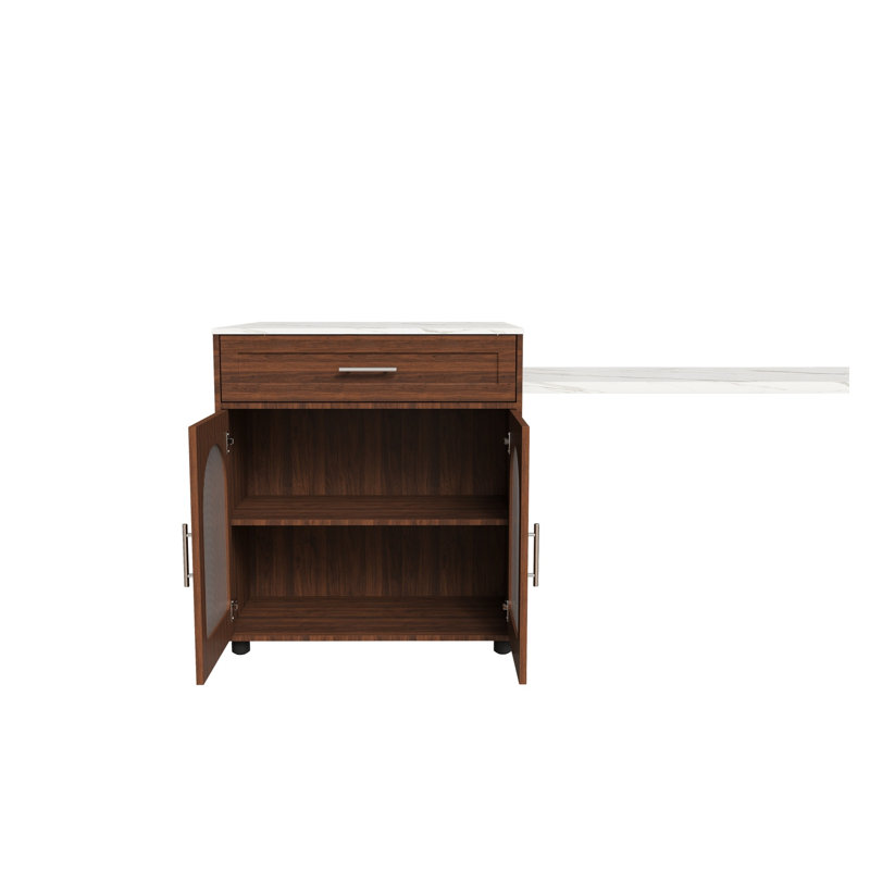 Îlot de cuisine extensible de 80 pouces avec table de salle à manger, plateau en grain de marbre noyer