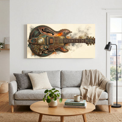 Ensemble d'une toile murale représentant une guitare steampunk