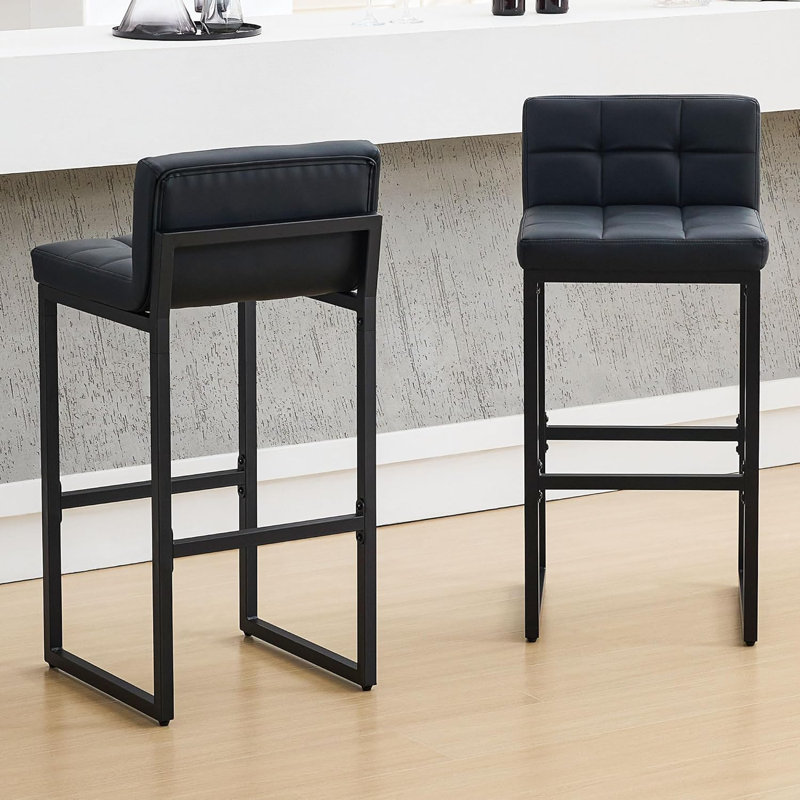 Tabouret de bar rembourré à dossier bas avec structure en métal épaissie pour îlot de cuisine, Noir, 2
