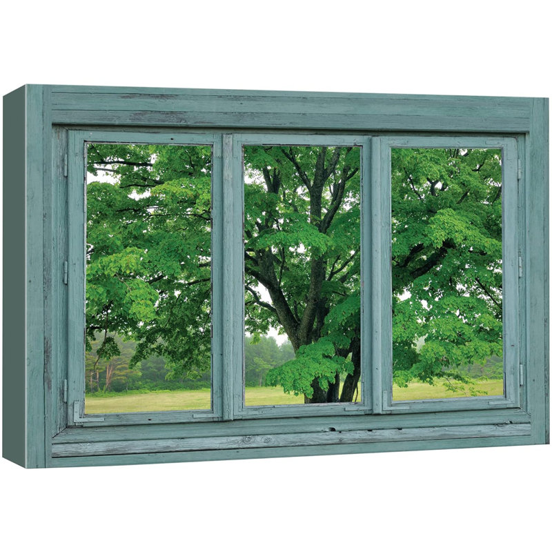 Window Looking at a Green Tree in a Field  Giclee Print Gallery Wrap Modern Home Art Ready to Hang, H 32 po x l 48 po