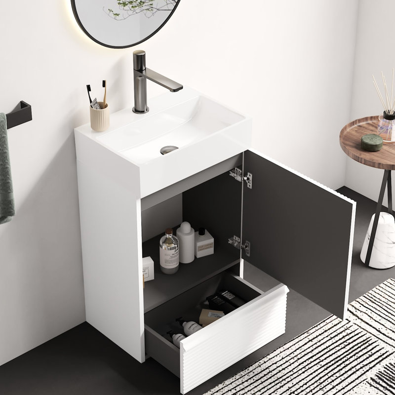Meuble-lavabo rayé blanc en velours avec lavabo en céramique, autoportant, pour une décoration de salle de bain moderne, tiroir à une porte, âme E1, finition douce, quincaillerie One Bathrooms, 1 & Construction, charnières