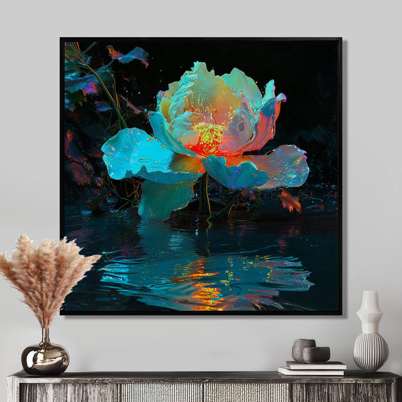 Magique turquoise pivoine abstraite florale - pivoine, art mural, Toile avec cadre flottant noir, H 16 po x l 16 po x P 1 po