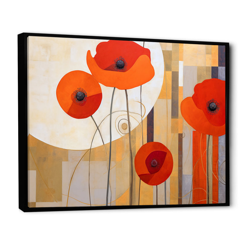 " Bold Orange Cubic Flowers ", Black Floater Framed, 30" H x 40" W x 1.5" D
