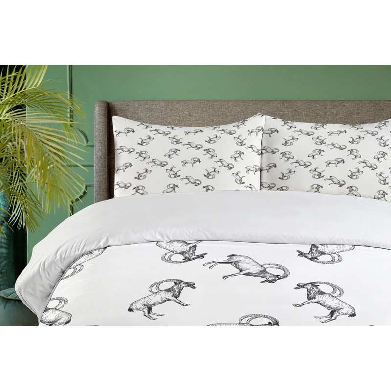 French Country Polyester Floral Duvet Cover, King Duvet Cover + 2 Shams, Sketch Mountain Goats