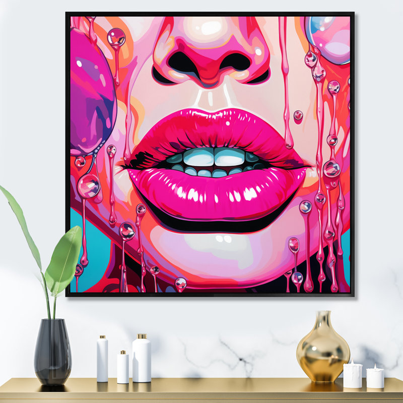 Popart Graceful Pink Lips I - mode femme, art mural, H 16 po x l 16 po x P 1 po, Cadre flottant noir