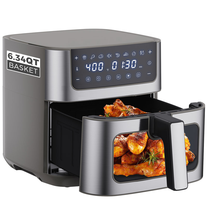 Friteuse à air de 6,3 pintes avec fenêtre de visualisation et revêtement en acier inoxydable 304, taille compacte, Gris