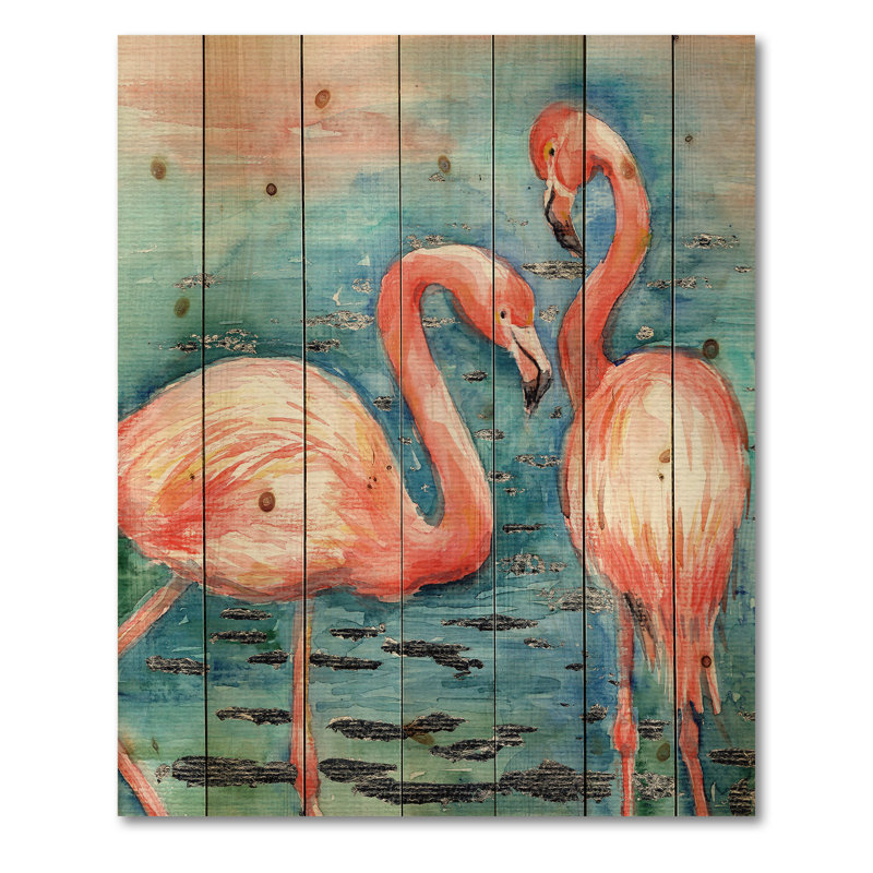 Flamants roses dans l'eau bleue I - impression campagnarde sur bois de pin naturel, H 20 po x l 10 po x P 0,78 po