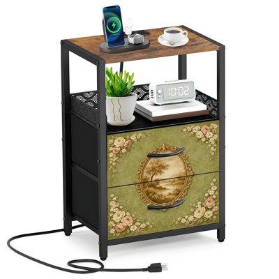  24.2" 2 - Drawer Nightstand Vintage Floral Frame Sepia Landscape Roses Green Side Table with Charging Station Iron Frame Bedside Table