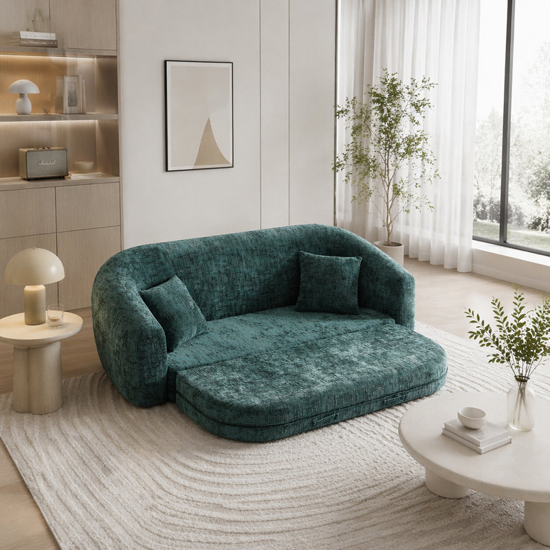 Canapé inclinable incurvé convertible, canapé-lit 2 en 1 escamotable, avec base escamotable et siège profond, comprend deux coussins, fauteuil inclinable en chenille deux places