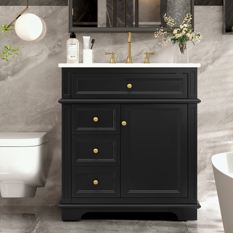Bathroom Vanity with Sink, Three Drawers and Door Shelf, Black