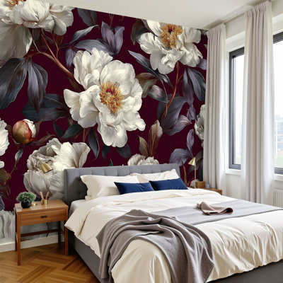 Papier peint floral à peler et coller, pivoines complexes, éclairage chaleureux, peintures murales romantiques florales, H 100 po x l 144 po, papier mural amovible en PVC, peintures murales auto-adhésives, décoration pour garçons, salle de jeux, hommes, caverne, salon de beauté
