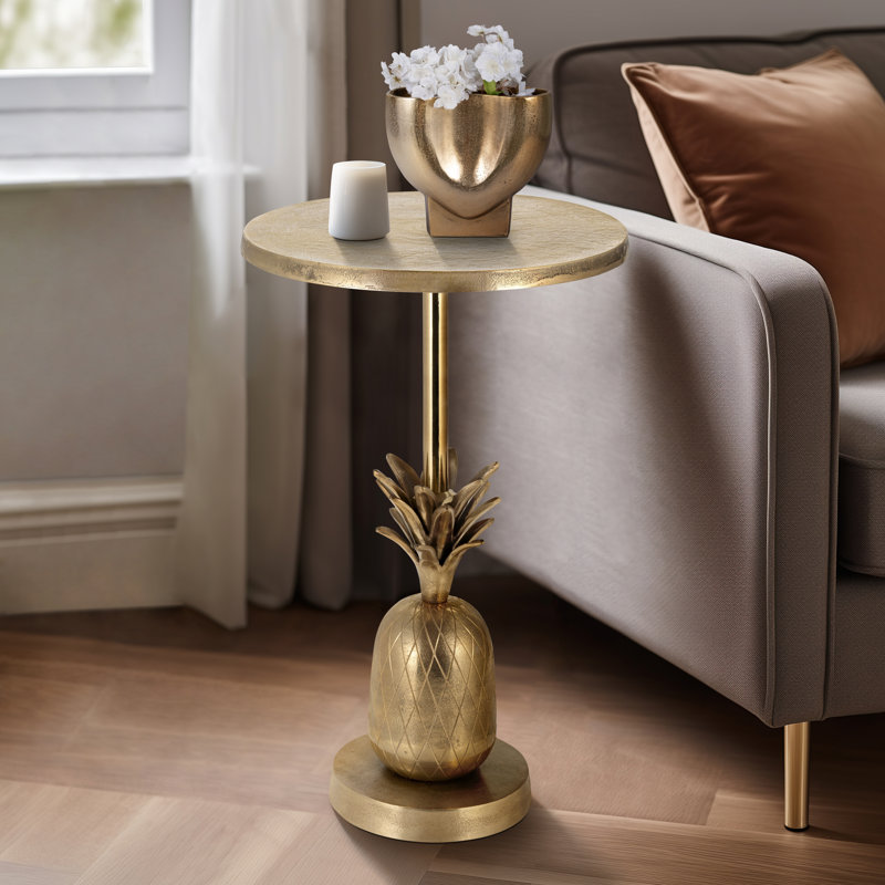 Rejanae Handcrafted Metal Aluminum Accent Table with Pineapple Base, Gold